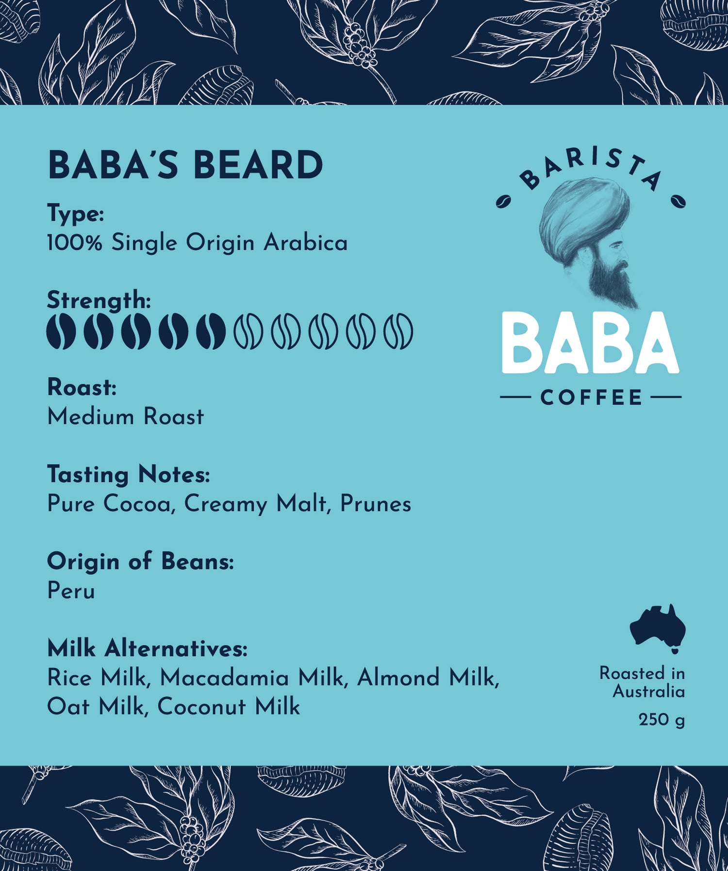 Label of a 250g bag of Baba&